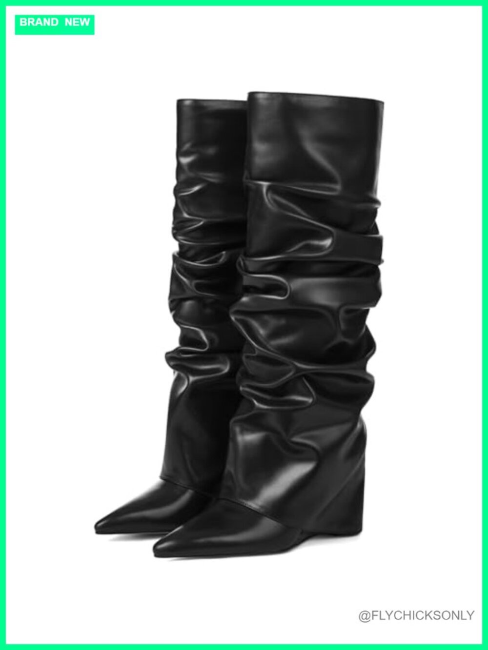 Womens Fold Over Slouch Wide Calf Knee High Boots Faux Leather Pointed Toe